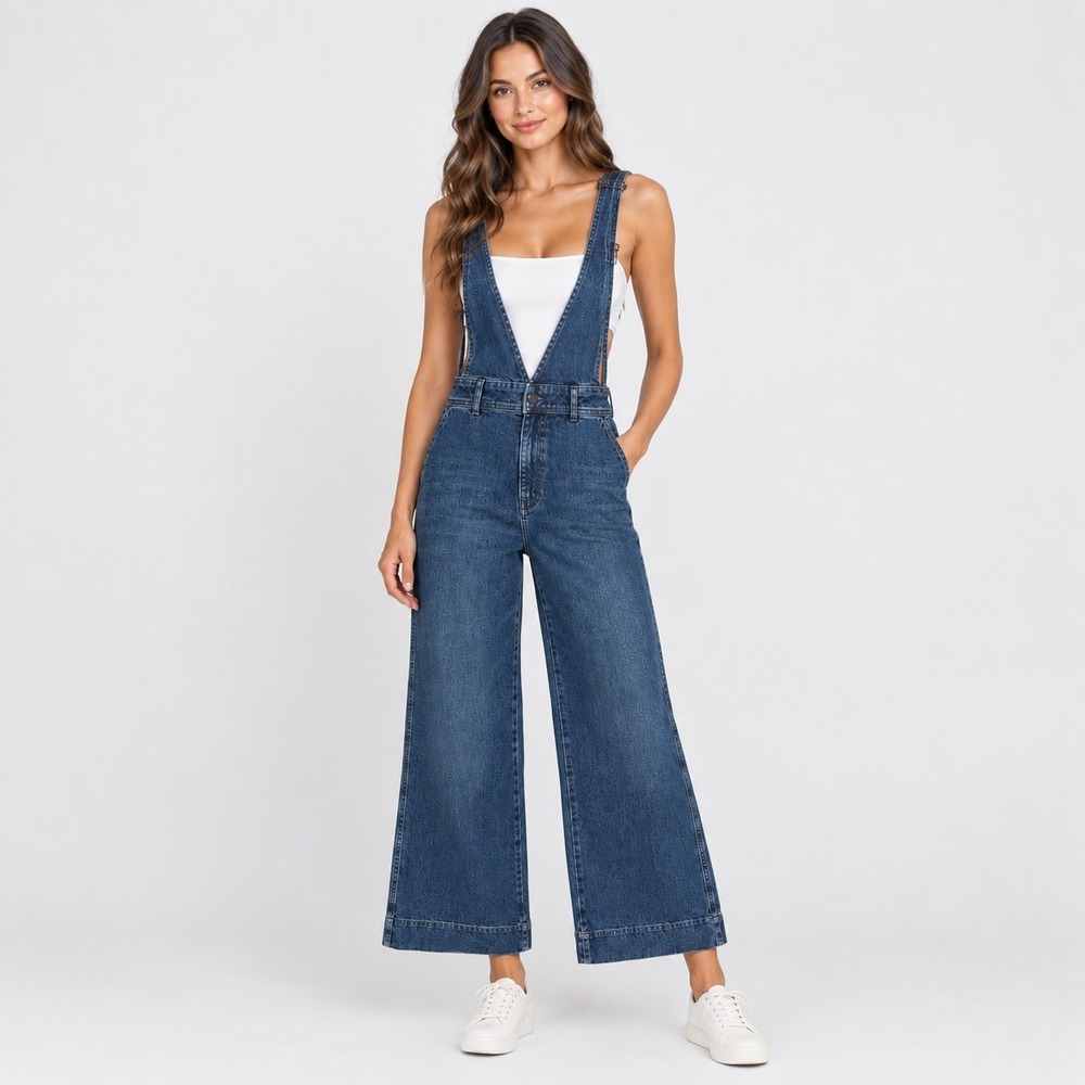 Free People Denim A-Line Overalls Cotton Blend Blue Wide Leg Size 0